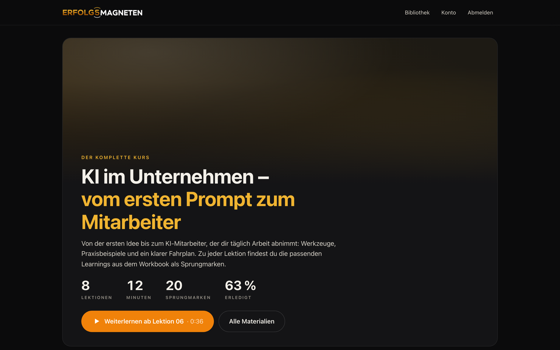 Die Kursseite mit Kennzahlen und Lektionen